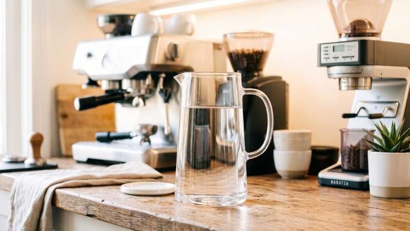 A glass pitcher of clean water sitting on a kitchen counter, showcasing an essential espresso machine water filter replacement setup for Breville and premium home coffee stations.