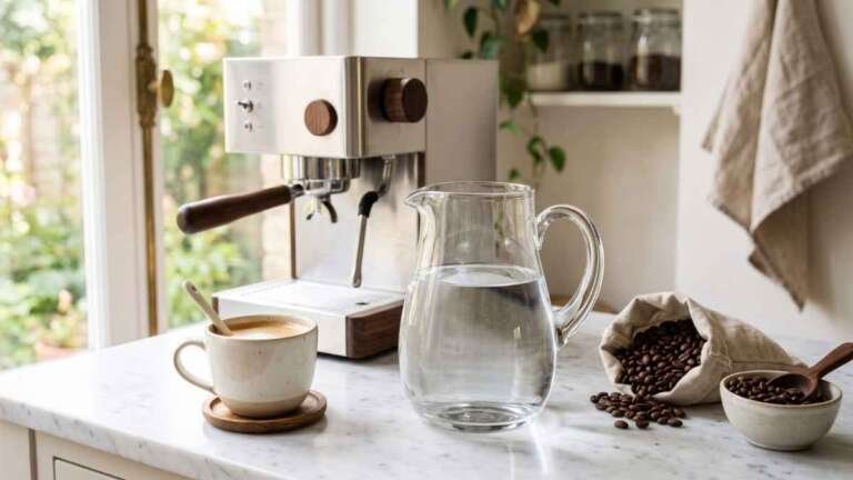 A pristine glass pitcher holding purified water from the best water filter for espresso machine, sitting on a marble kitchen counter next to a fresh cup of coffee and whole espresso beans.