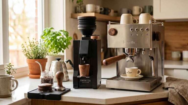 Home espresso station comparing whether to buy an espresso machine or grinder first