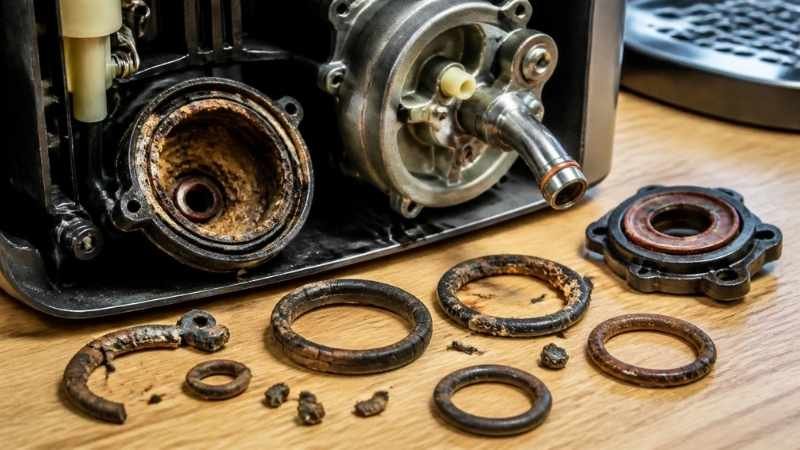 A collection of degraded, crusty, and broken rubber O-rings and internal machine gaskets ruined by acid corrosion and mineral scaling.