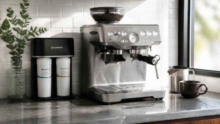 A high-end stainless steel espresso machine sitting next to an Aquasana dual-tank water filtration system on a dark slate countertop.