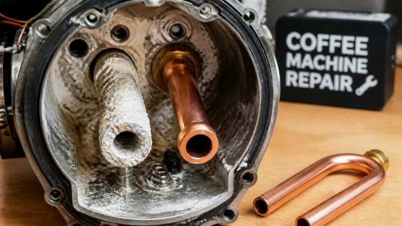 A technical macro view comparing a heavily scaled white heating element inside a coffee boiler next to a clean copper replacement pipe.