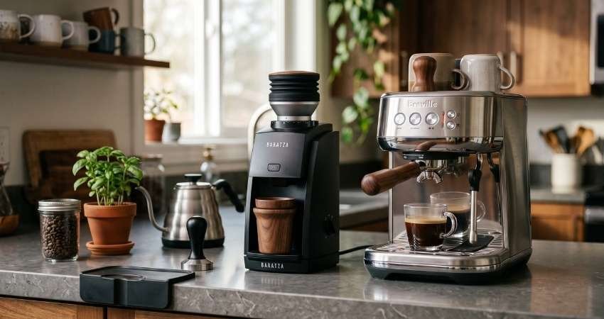 Baratza single-dose grinder and Breville espresso machine showing espresso setup budget priority
