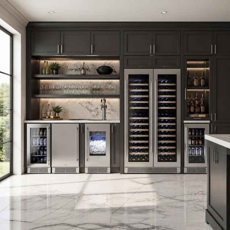 A modern bright kitchen beverage station with undercounter wine fridges and a pebble ice machine on polished white marble flooring.
