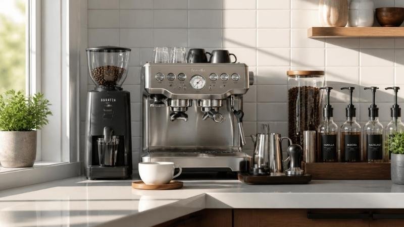 A beautifully framed home espresso bar or coffee station setup with a stainless steel espresso machine and black grinder next to a window.