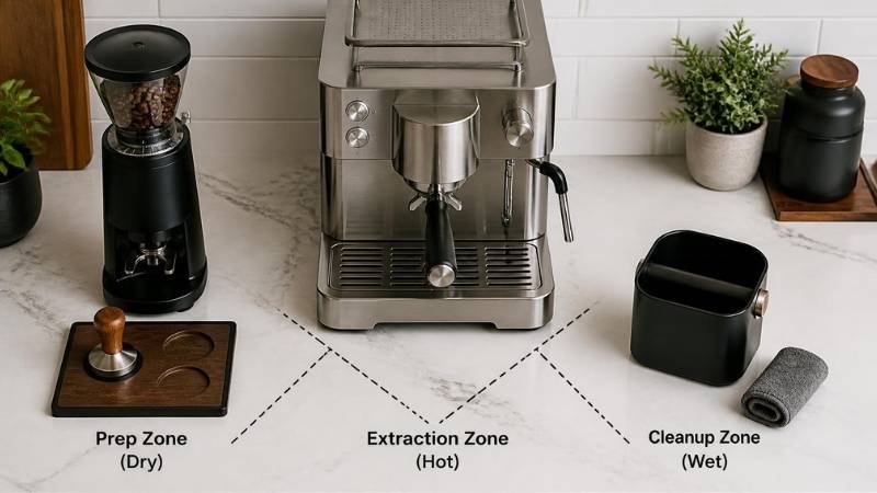 A top-down kitchen counter layout diagram mapping the barista triangle zones with dotted lines, showing the dry prep zone, hot extraction zone, and wet cleanup zone for a home espresso bar.
