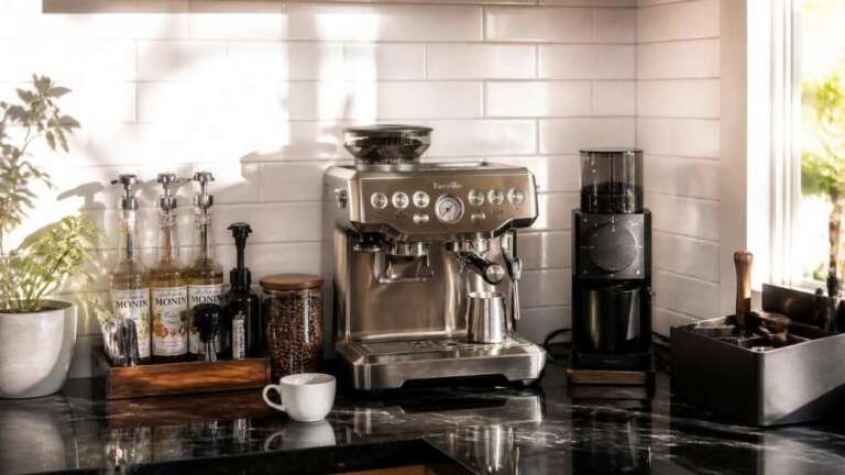 A warm morning home kitchen espresso bar featuring a stainless steel espresso machine, grinder, and flavored syrup bottles on a dark marble countertop.