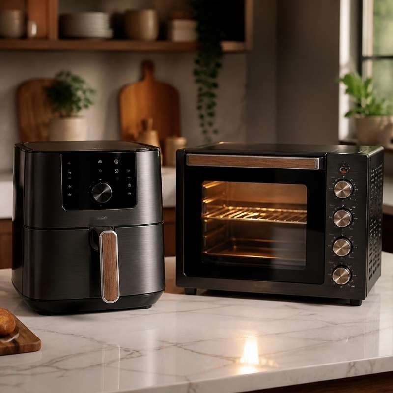A modern black air fryer and digital countertop oven side by side on a bright white marble kitchen counter.
