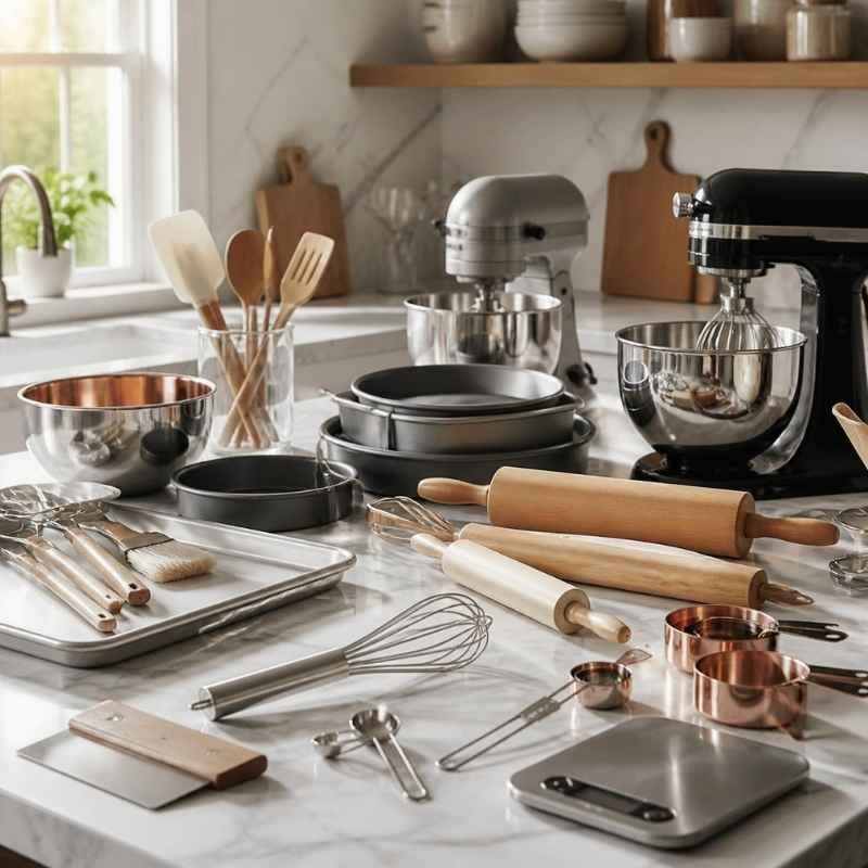 A modern home baking station featuring a black stand mixer, rolling pins, whisks, and measuring cups on a white marble countertop.