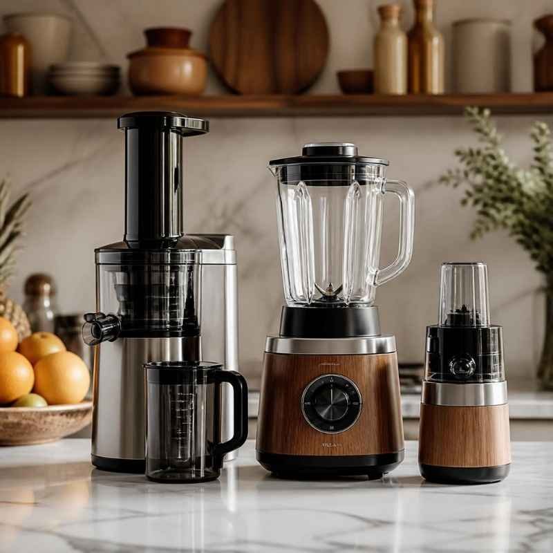 A modern countertop masticating juicer and high-speed glass blender side by side on a bright white marble kitchen counter.