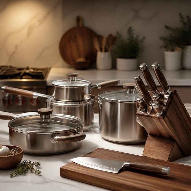 A luxury stainless steel pots and pans set with a matching wooden knife block on a bright white marble kitchen counter.