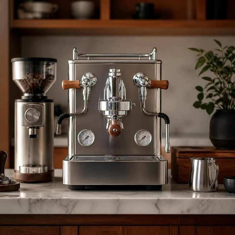 A photorealistic home coffee bar setup with a stainless steel espresso machine and burr grinder on a white marble countertop.