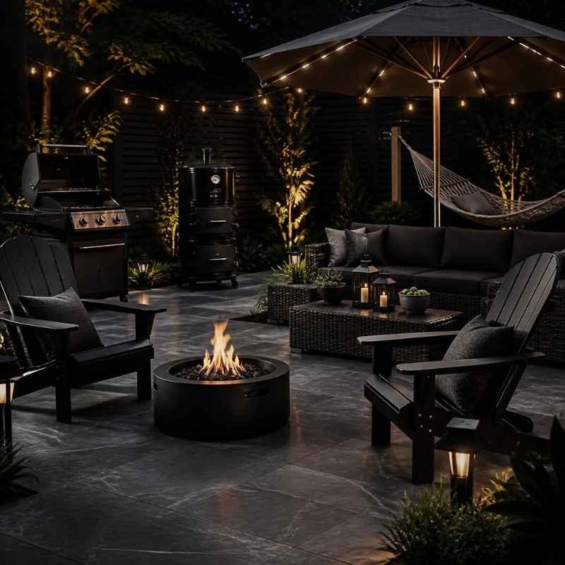 A luxury backyard patio setup at night with a fire pit, black outdoor furniture, charcoal smoker, and ambient string lighting.