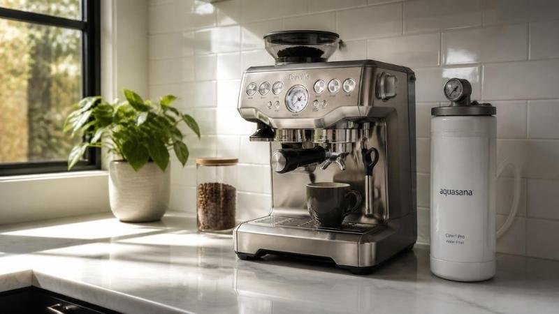 A bright modern kitchen counter featuring a Breville espresso machine and an Aquasana coffee machine water filter under soft morning sunlight.