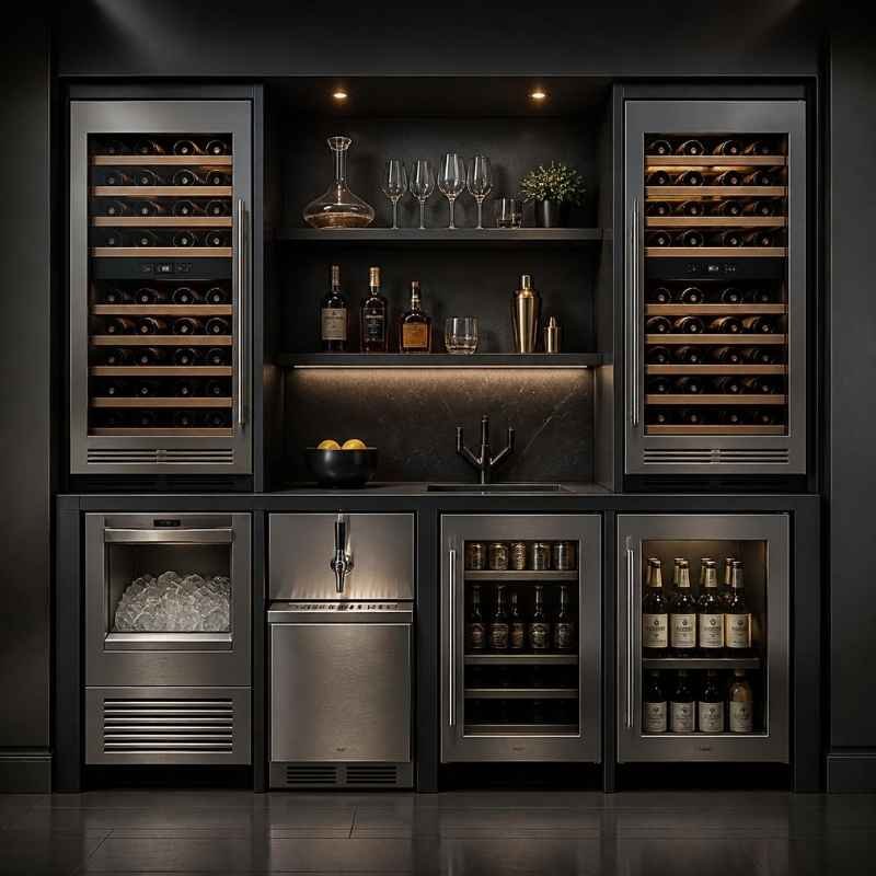 A luxury built-in wine cellar and home beverage bar with stainless steel dual-zone refrigerators and a smart nugget ice maker on a dark counter.