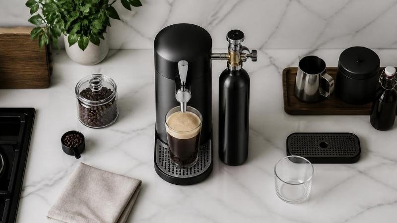 Matte black nitro cold brew coffee maker dispenser with nitrogen cartridge on a marble countertop