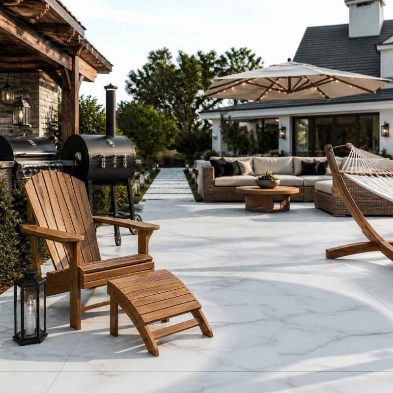 A bright modern backyard patio with white marble tile flooring, a large umbrella, wooden lounge chairs, and an outdoor kitchen area.