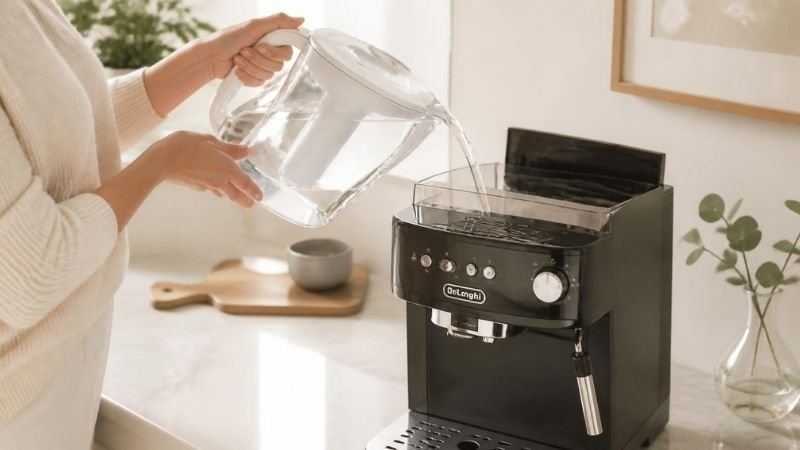 A person using a clean glass water filter pitcher to pour purified water into the water reservoir tank of a countertop coffee machine.