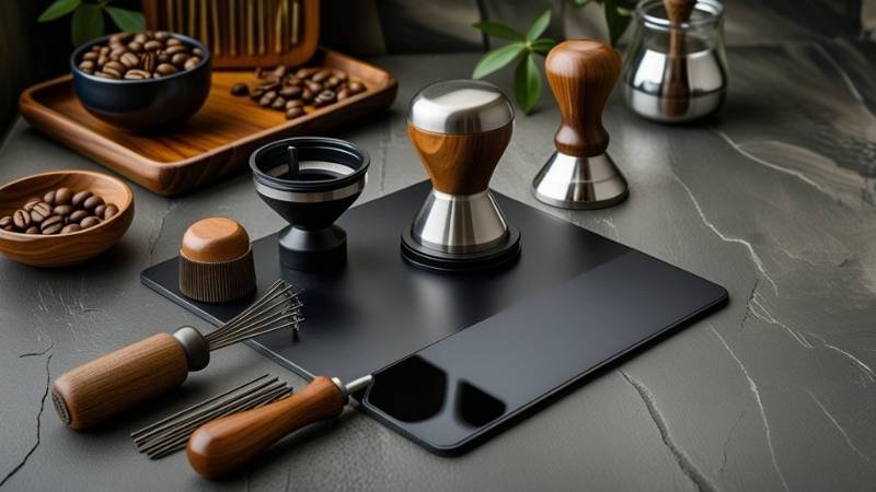 An angled product photography shot of home espresso accessories featuring a walnut handle portafilter, WDT needle tool, heavy metal tamper, and digital scale on a dark slate counter next to coffee beans.