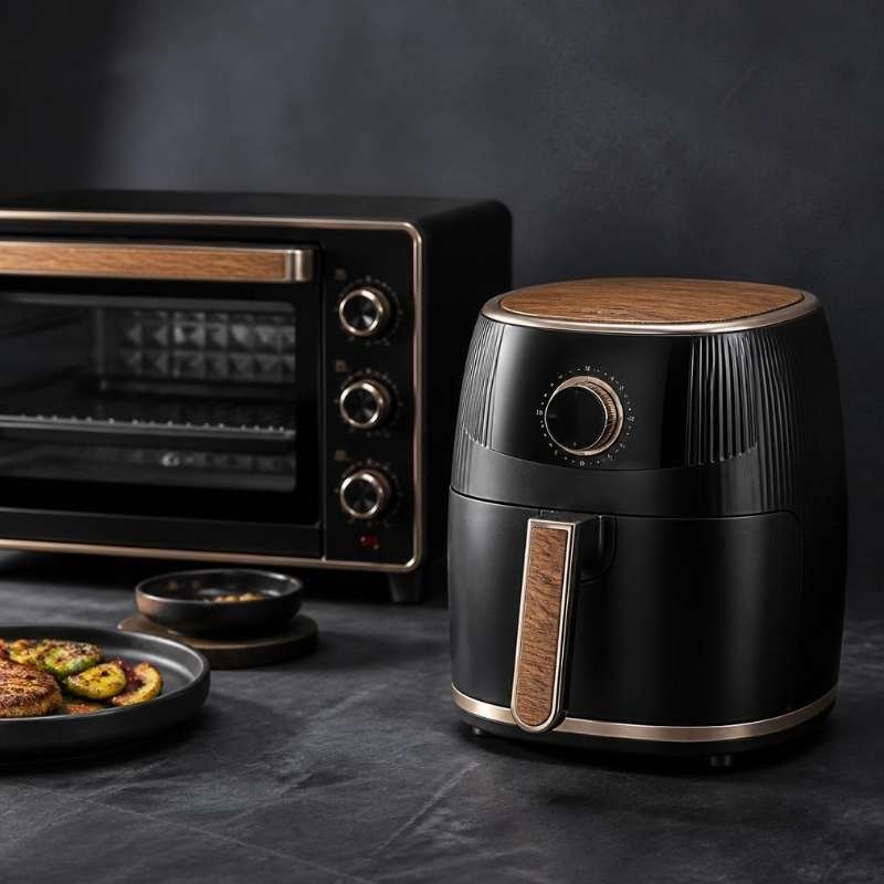 A luxury matte black air fryer and countertop convection toaster oven with rose gold accents on a dark slate surface.