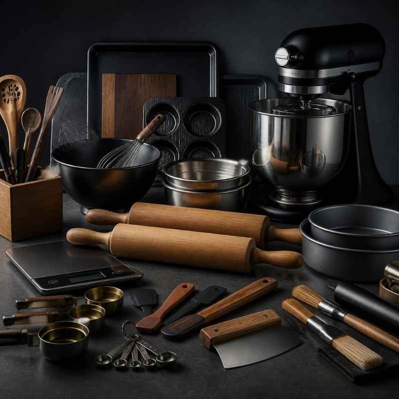 A high-end black stand mixer, wooden rolling pins, stainless steel mixing bowls, and baking pans on a dark slate background.