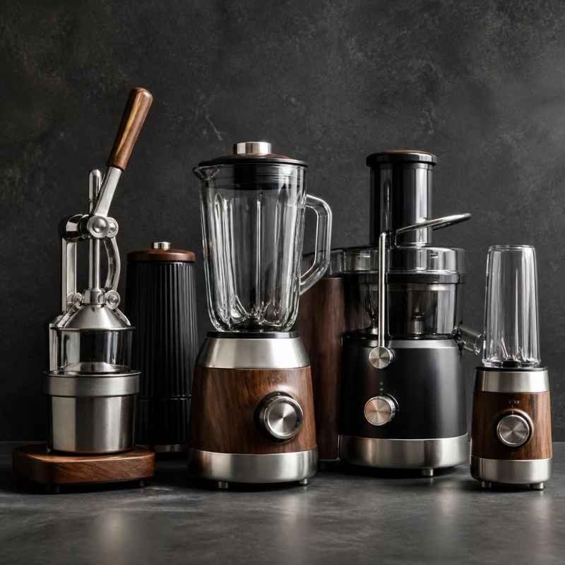 A luxury kitchen blender, commercial juicer, and citrus press with dark walnut wood accents on a dark slate countertop.