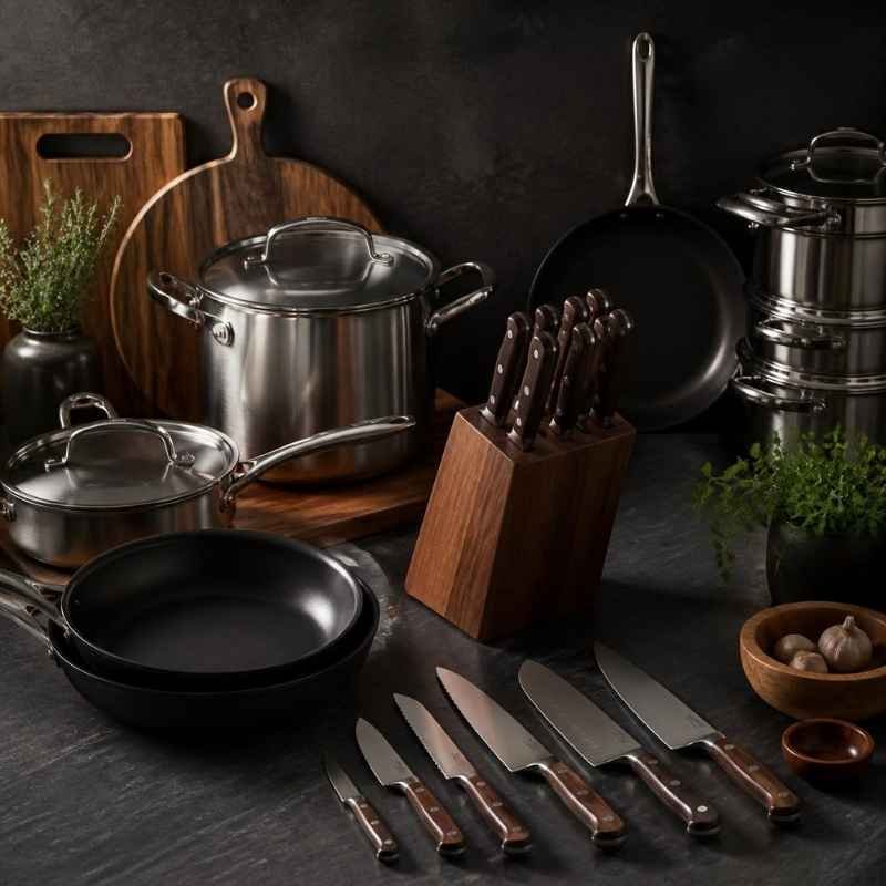 A high-end stainless steel cookware set, nonstick frying pans, and a walnut wood knife block on a dark slate background.
