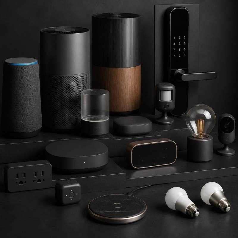 A high-end collection of matte black smart home comfort devices, smart locks, and automation sensors on a dark gray surface.