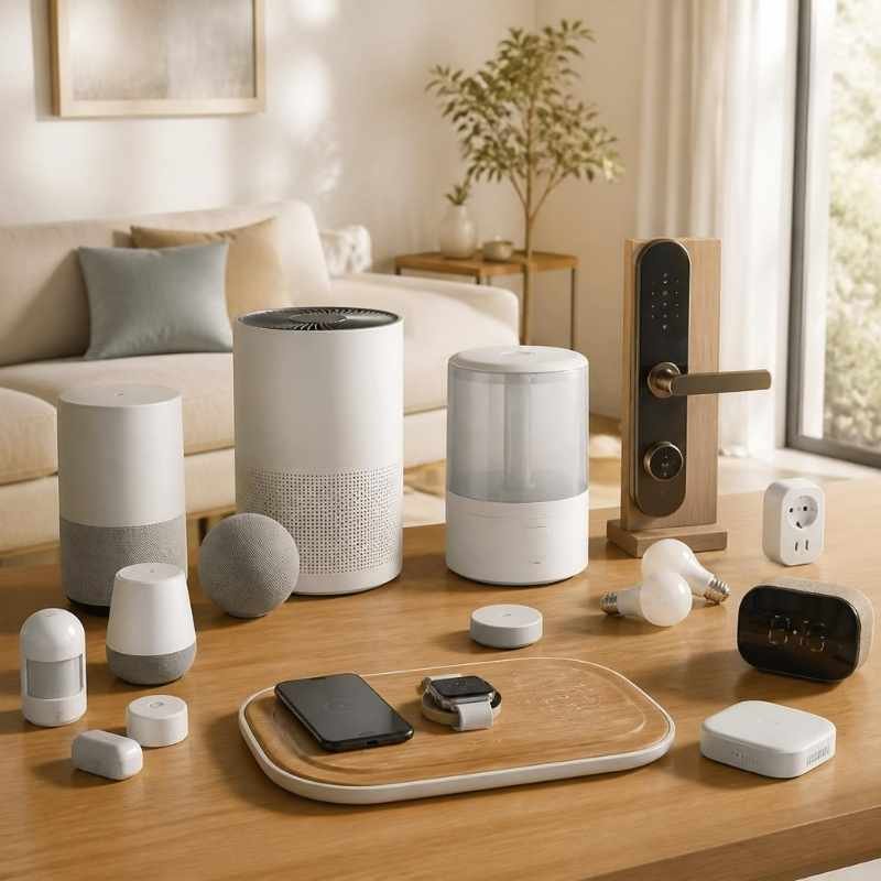A modern smart home ecosystem setup featuring smart speakers, air purifiers, and sensors on a bright warm wood table in a sunny living room.