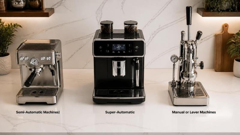 Three types of espresso machines side-by-side including a semi-automatic, a super-automatic, and a manual lever machine on a kitchen counter
