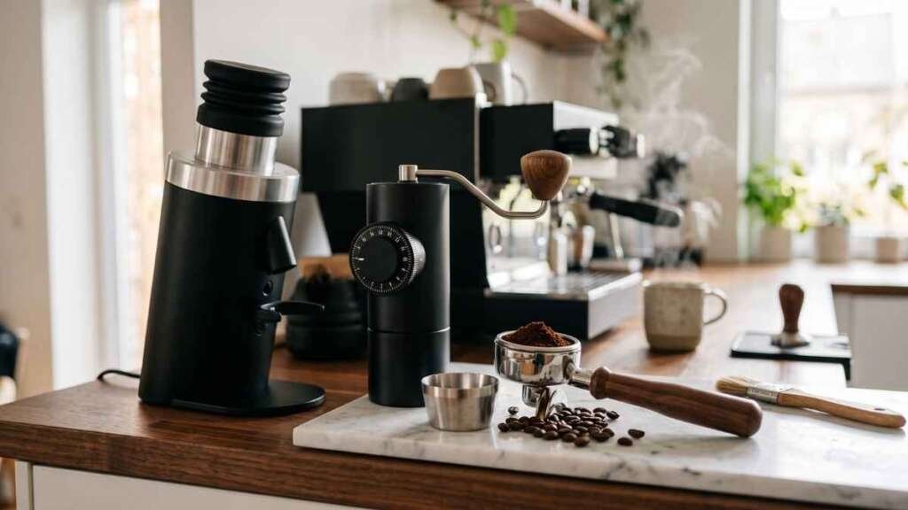 Best budget single dose coffee grinders under $300 for home espresso displayed on a countertop next to a portafilter and coffee beans.