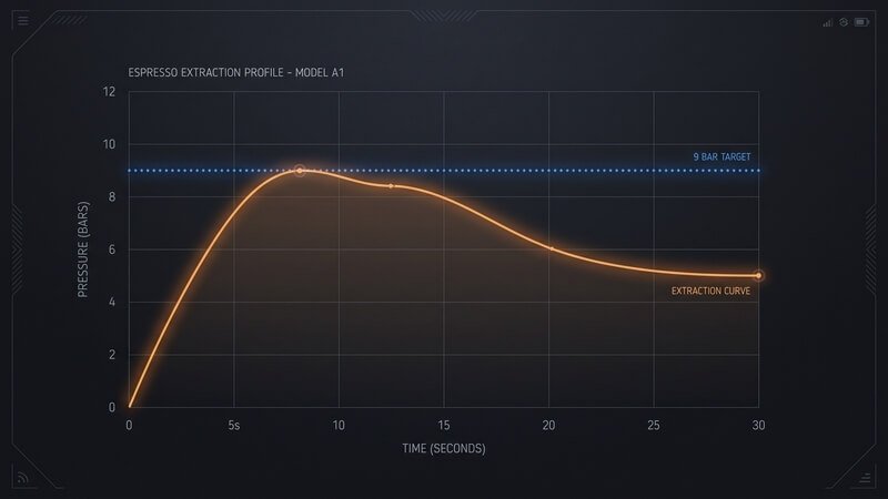 Pressure curve graph illustrating the declining pressure extraction curve against flat 9 bar pump pressure