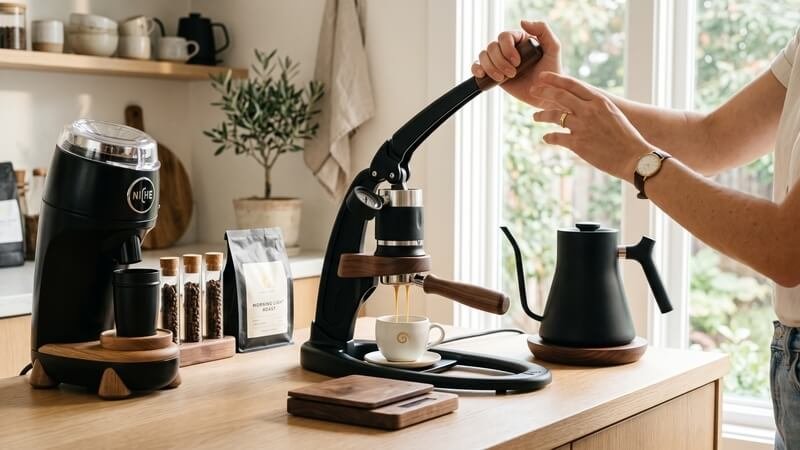 Barista pulling a shot on a direct lever vs spring piston espresso machine to control manual brew pressure