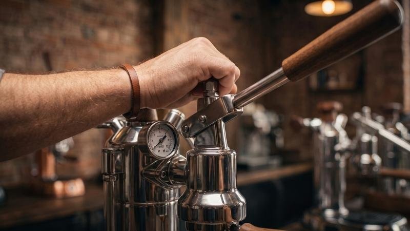 Close-up of barista monitoring pressure gauge on the best direct manual lever espresso machines