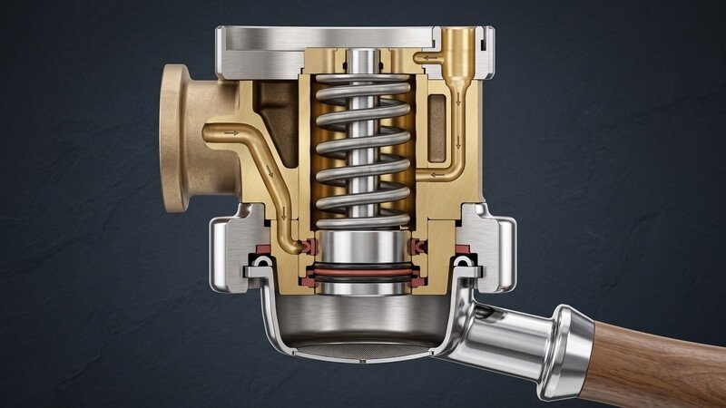 Cross section cutaway showing how manual lever espresso machines work with an internal compression spring