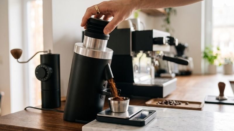 Single dose espresso grinder under $300 pumping bellows to clear coffee grinds into a scale dosing cup.