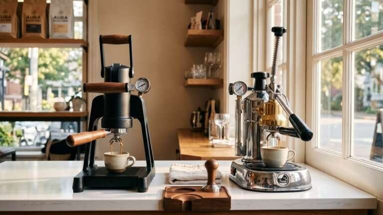 Spring lever vs manual lever espresso machines side by side on kitchen counter
