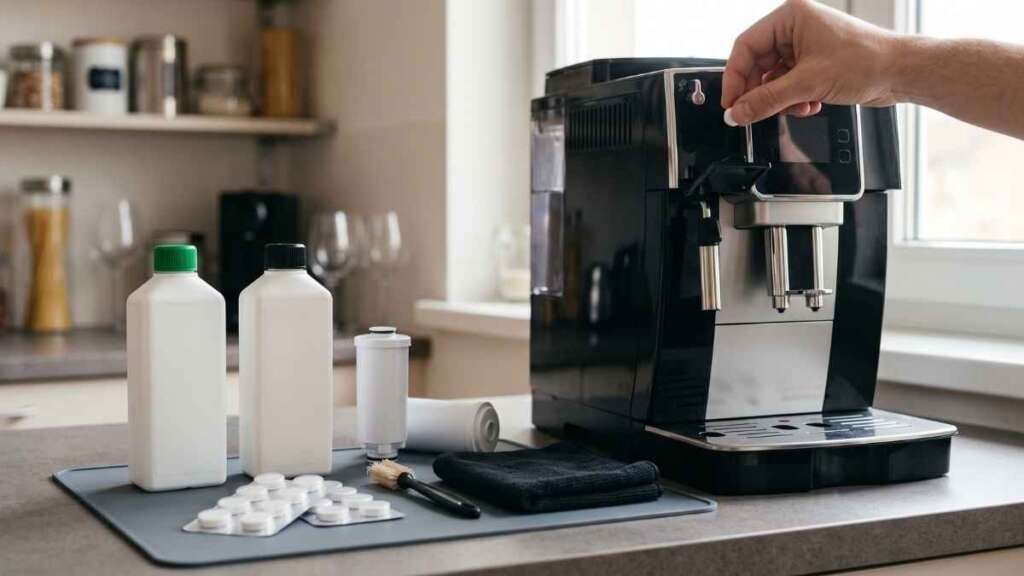 Demonstrating the use of one of the best super-automatic espresso machine cleaning kits by dropping a cleaning tablet into the bypass chute of a black bean-to-cup machine on a home countertop next to various unbranded bottles, filters, and brushes.