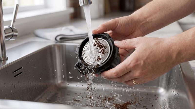 Cleaning super automatic brew group step by step by rinsing the metal dispersion screen under lukewarm tap water