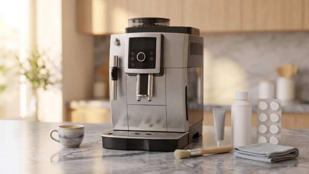 How to clean a super automatic espresso machine using descaling solution, cleaning tablets, and silicone grease on kitchen counter
