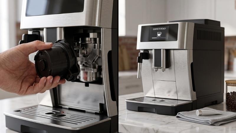 Comparing a removable brew unit being pulled from an espresso machine versus a sealed automatic coffee maker