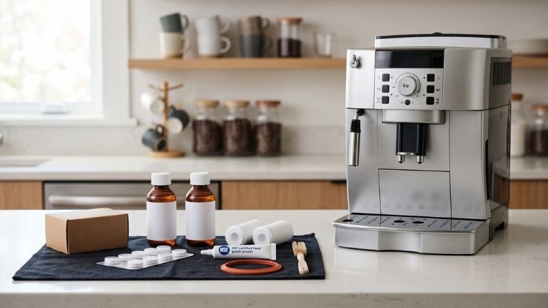 An orderly assortment of super automatic espresso machine maintenance kits including unbranded liquid descaler bottles, tablets, water filter cartridges, grease, a gasket, and a brush next to a silver espresso machine on a quartz kitchen counter.
