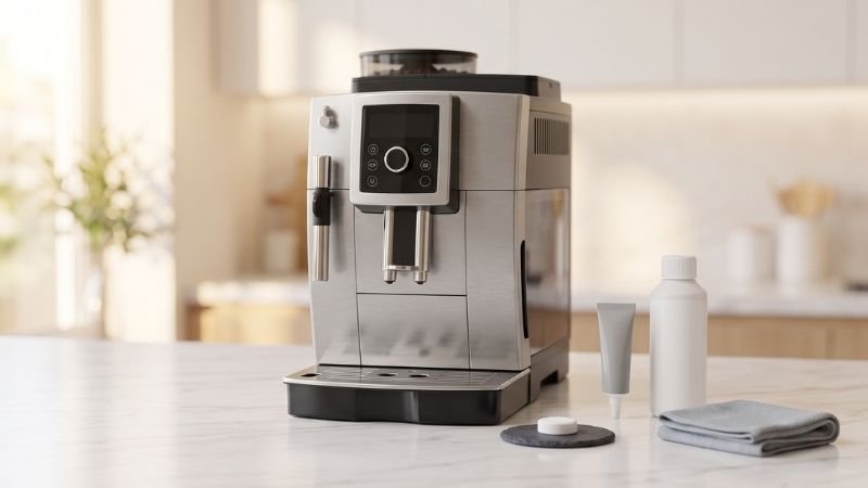 Essential super automatic espresso machine maintenance supplies including descaler, cleaning tablet, and silicone grease on kitchen counter